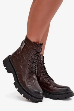 Skórzane Botki Damskie Z Efektem Marszczenia I Klamrą Artiker 57C1007 Czekoladowe