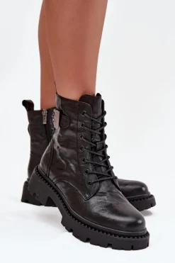 Skórzane Botki Damskie Z Efektem Marszczenia I Klamrą Artiker 57C1008 Czarne