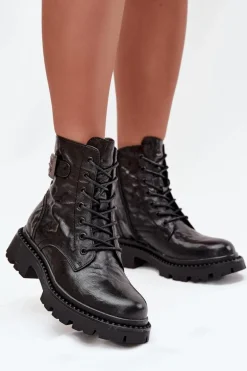 Skórzane Botki Damskie Z Efektem Marszczenia I Klamrą Artiker 57C1008 Czarne