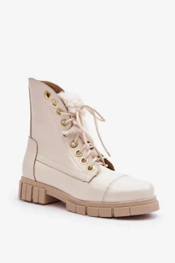 Skórzane Botki Damskie Z Futerkiem Jasnobeżowe Lewski 3296