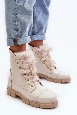 Skórzane Botki Damskie Z Futerkiem Jasnobeżowe Lewski 3296