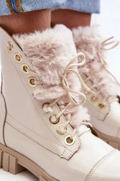 Skórzane Botki Damskie Z Futerkiem Jasnobeżowe Lewski 3296