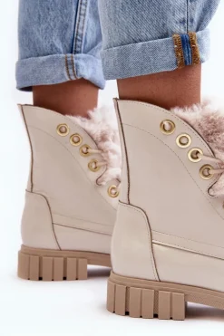 Skórzane Botki Damskie Z Futerkiem Jasnobeżowe Lewski 3296