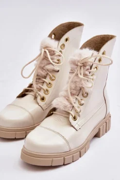 Skórzane Botki Damskie Z Futerkiem Jasnobeżowe Lewski 3296