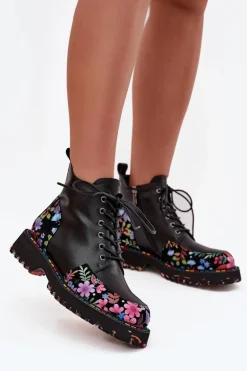 Skórzane Botki Damskie Z Kwiatkami Ocieplane Artiker 57C0180 Czarne