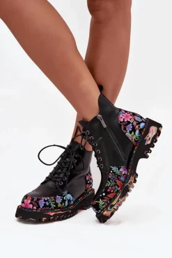 Skórzane Botki Damskie Z Kwiatkami Ocieplane Artiker 57C0180 Czarne