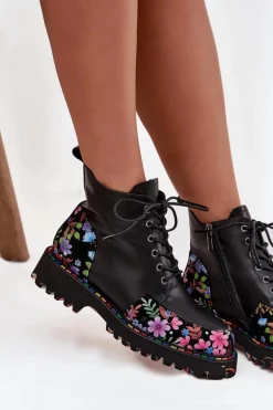 Skórzane Botki Damskie Z Kwiatkami Ocieplane Artiker 57C0180 Czarne