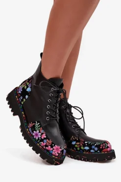 Skórzane Botki Damskie Z Kwiatkami Ocieplane Artiker 57C0180 Czarne