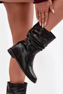 Skórzane Botki Damskie Z Marszczeniem Ocieplane Maciejka K7211-01 Czarne