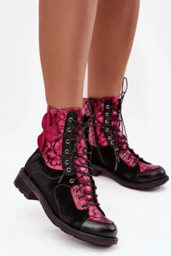 Skórzane Botki Damskie Z Naturalnej Skóry Na Płaskim Obcasie Maciejka 07004-23 Czarno-Różowe