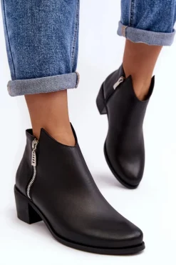 Skórzane Botki Damskie Z Niską Cholewką Na Słupku Z Suwakami Czarne Annaja