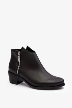 Skórzane Botki Damskie Z Niską Cholewką Na Słupku Z Suwakami Czarne Annaja