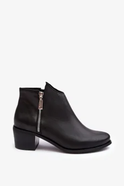 Skórzane Botki Damskie Z Niską Cholewką Na Słupku Z Suwakami Czarne Annaja
