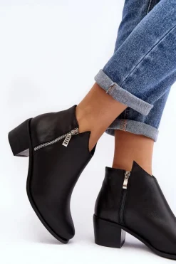 Skórzane Botki Damskie Z Niską Cholewką Na Słupku Z Suwakami Czarne Annaja
