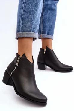Skórzane Botki Damskie Z Niską Cholewką Na Słupku Z Suwakami Czarne Annaja
