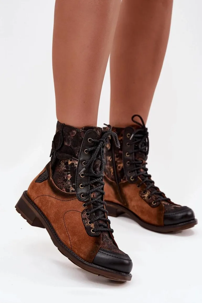 Skórzane Botki Damskie Z Naturalnej Skóry Na Płaskim Obcasie Maciejka 07004-29 Camel