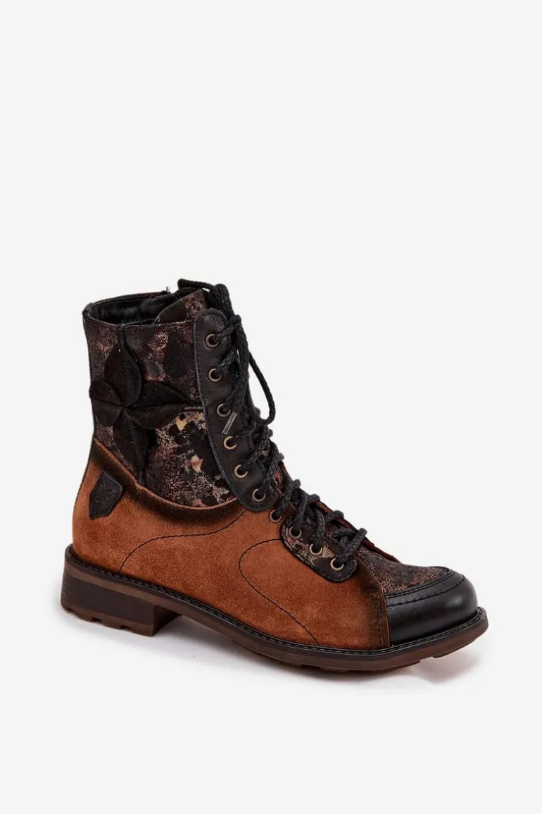 Skórzane Botki Damskie Z Naturalnej Skóry Na Płaskim Obcasie Maciejka 07004-29 Camel