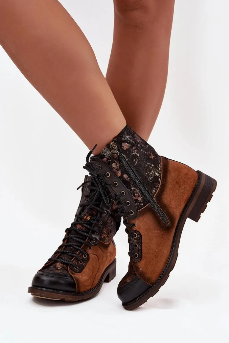 Skórzane Botki Damskie Z Naturalnej Skóry Na Płaskim Obcasie Maciejka 07004-29 Camel