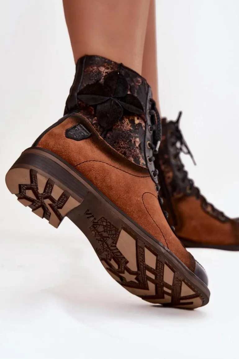 Skórzane Botki Damskie Z Naturalnej Skóry Na Płaskim Obcasie Maciejka 07004-29 Camel