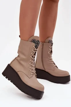 Skórzane Botki Damskie Z Ozdobą Ocieplane Beżowe Ulrika