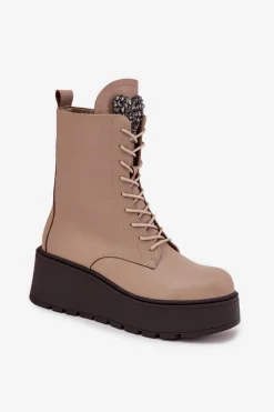 Skórzane Botki Damskie Z Ozdobą Ocieplane Beżowe Ulrika