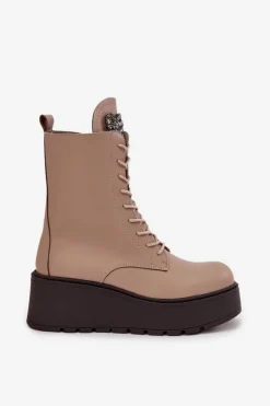 Skórzane Botki Damskie Z Ozdobą Ocieplane Beżowe Ulrika