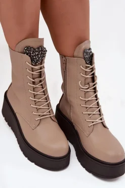 Skórzane Botki Damskie Z Ozdobą Ocieplane Beżowe Ulrika