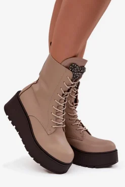 Skórzane Botki Damskie Z Ozdobą Ocieplane Beżowe Ulrika