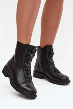 Skórzane Botki Damskie Z Ozdobnymi Kwiatkami Ocieplane Czarne Belverine