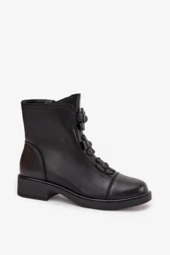 Skórzane Botki Damskie Z Ozdobnymi Kwiatkami Ocieplane Czarne Belverine