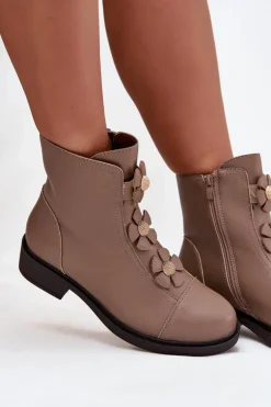 Skórzane Botki Damskie Z Ozdobnymi Kwiatkami Ocieplane Beżowe Belverine