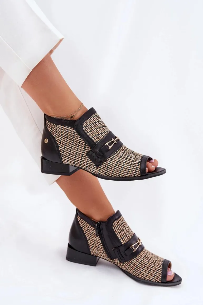 Skórzane Botki Damskie Z Odkrytymi Palcami Maciejka 06934-39/00-1 Czarno-Beżowe