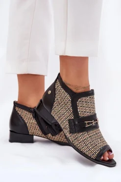 Skórzane Botki Damskie Z Odkrytymi Palcami Maciejka 06934-39/00-1 Czarno-Beżowe