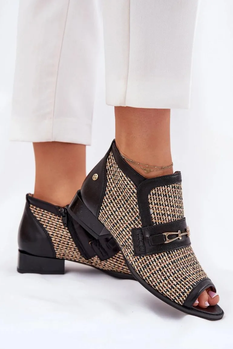 Skórzane Botki Damskie Z Odkrytymi Palcami Maciejka 06934-39/00-1 Czarno-Beżowe