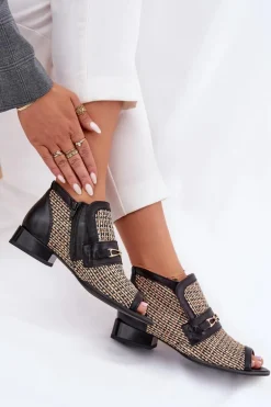 Skórzane Botki Damskie Z Odkrytymi Palcami Maciejka 06934-39/00-1 Czarno-Beżowe