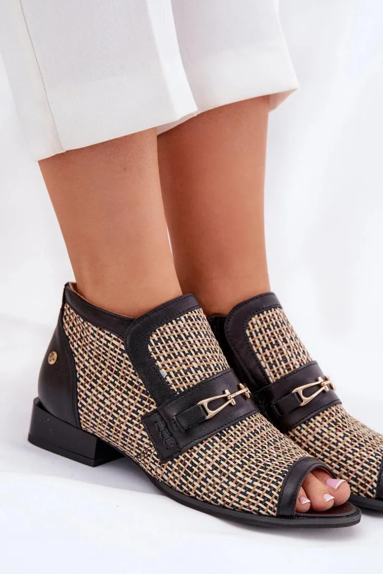 Skórzane Botki Damskie Z Odkrytymi Palcami Maciejka 06934-39/00-1 Czarno-Beżowe