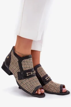 Skórzane Botki Damskie Z Odkrytymi Palcami Maciejka 06934-39/00-1 Czarno-Beżowe