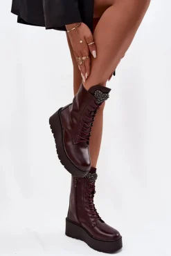 Skórzane Botki Damskie Z Ozdobą Ocieplane Bordowe Ulrika