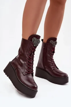 Skórzane Botki Damskie Z Ozdobą Ocieplane Bordowe Ulrika