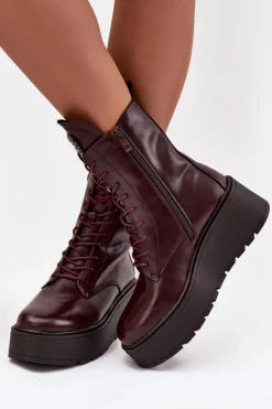 Skórzane Botki Damskie Z Ozdobą Ocieplane Bordowe Ulrika