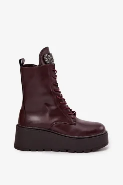 Skórzane Botki Damskie Z Ozdobą Ocieplane Bordowe Ulrika
