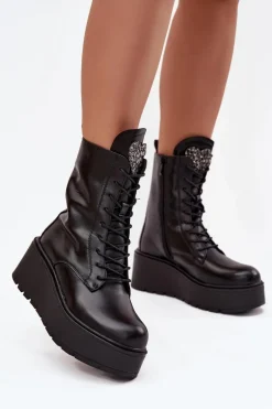 Skórzane Botki Damskie Z Ozdobą Ocieplane Czarne Ulrika