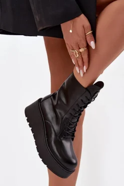 Skórzane Botki Damskie Z Ozdobą Ocieplane Czarne Ulrika