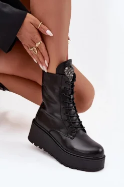 Skórzane Botki Damskie Z Ozdobą Ocieplane Czarne Ulrika