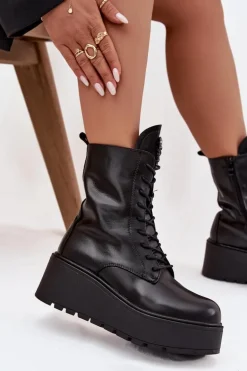 Skórzane Botki Damskie Z Ozdobą Ocieplane Czarne Ulrika