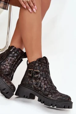 Skórzane Botki Damskie Z Ozdobą Ocieplane Artiker 57C2084 Czarno-Złote