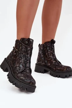 Skórzane Botki Damskie Z Ozdobą Ocieplane Artiker 57C2084 Czarno-Złote