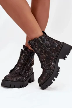 Skórzane Botki Damskie Z Ozdobą Ocieplane Artiker 57C2084 Czarno-Złote