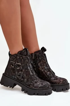 Skórzane Botki Damskie Z Ozdobą Ocieplane Artiker 57C2084 Czarno-Złote