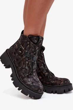 Skórzane Botki Damskie Z Ozdobą Ocieplane Artiker 57C2084 Czarno-Złote